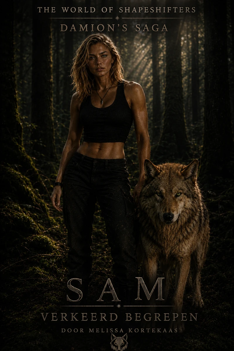 Sam met haar wolf tussen de bomen van een donker bos