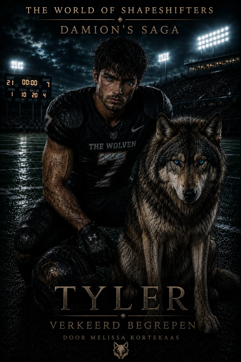 Tyler met zijn wolf op een verlicht sportveld